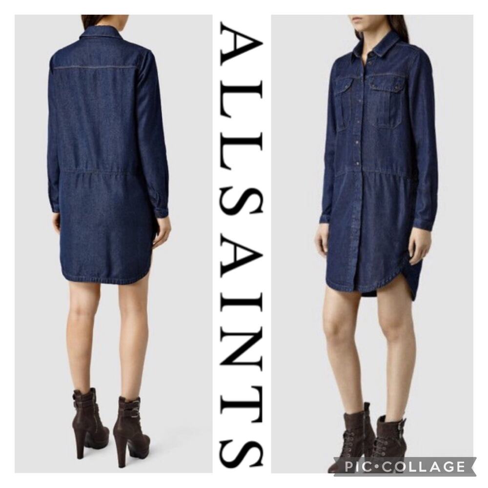 2010s AllSaints Louise Indigo Blue Denim Shirt Dress XXS 00